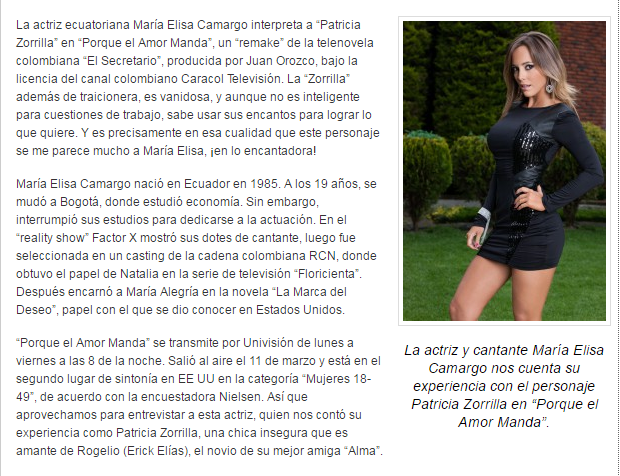 La actriz ecuatoriana María Elisa Camargo interpreta a “Patricia Zorrilla” ...